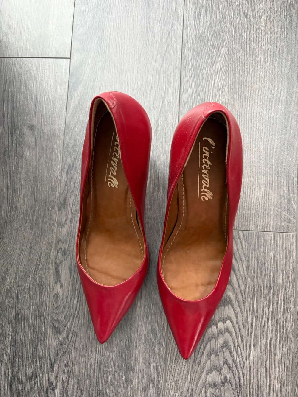 L'INTERVALLE Red Pointed-Toe Leather Pumps 3 inch